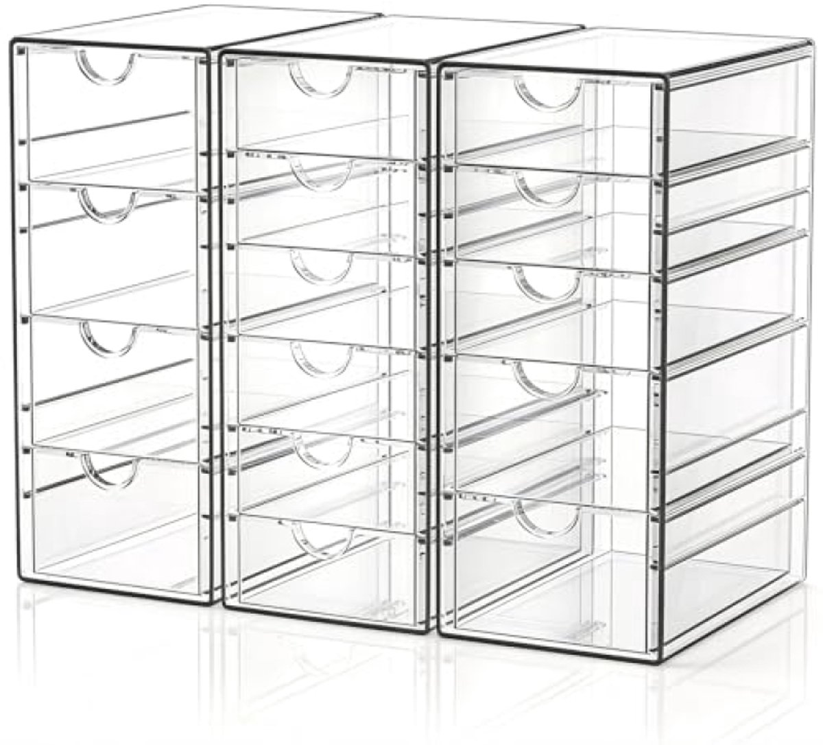 Huis Geluk Make-up Organizer met 15 Laden, Transparante Bureau Organizer met Schuifladen, Stofdichte Opbergbox voor Make-up, Sieraden en Kantoorbenodigdheden, 3 Stuks