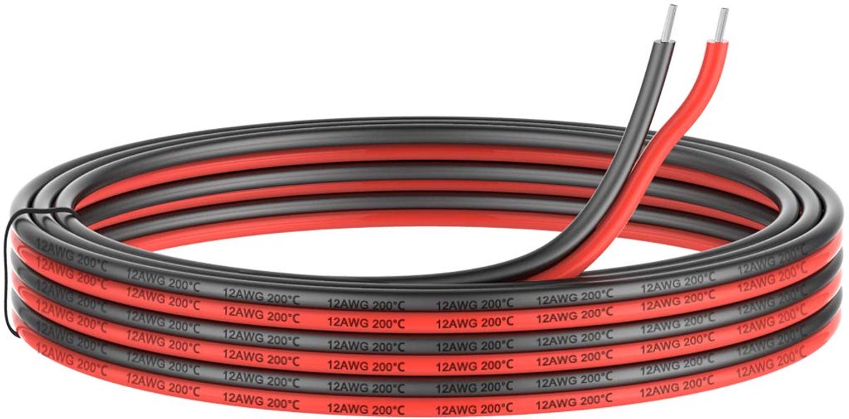 Elektrische kabel van siliconen, 3,3 mm², 12 AWG, 5 m | Zuurstofvrije aansluitkabel, koperdraad, bestand tegen hoge temperaturen