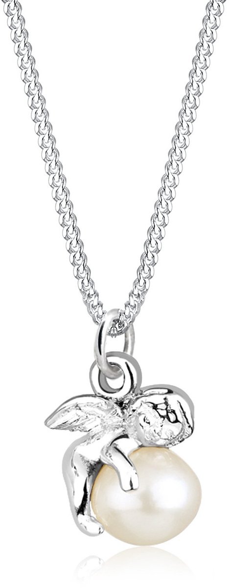 Ketting met engelbolvormige hanger en zoetwaterparel in 925 sterling zilver, 45 cm lang