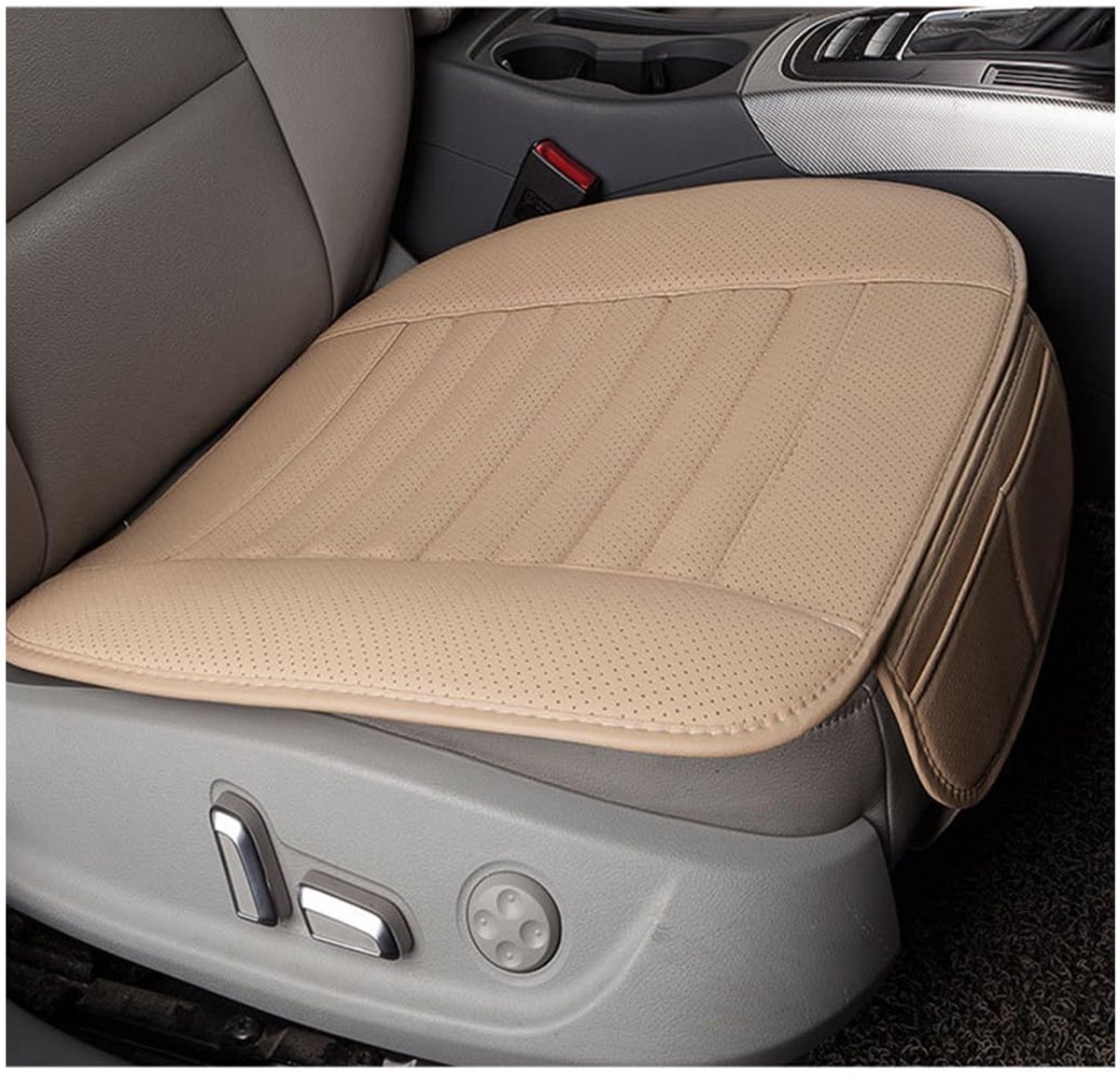 Autozitkussen van leer, zitkussen, hoes van ademend PU-leer en bamboehoutskool, waterdicht autostoelkussen, voor de meeste autostoelen, beige