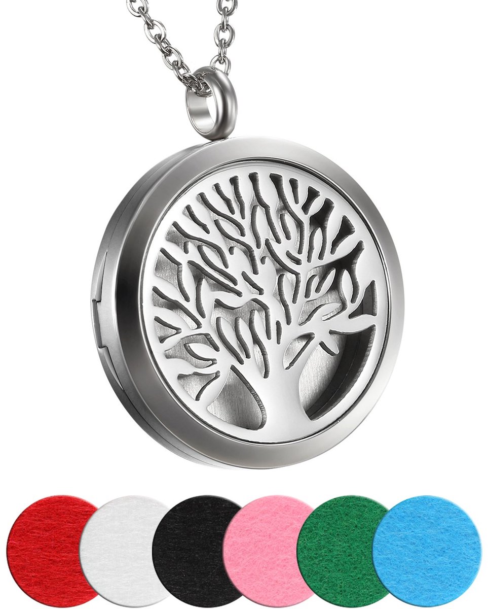 Hanger voor dames en heren, aromatherapie, diffuser hanger met halsketting, roestvrij staal, engel locket medaillon, hanger 45 cm, halsketting met 6 pads, zilver, Roestvrij staal, zonder