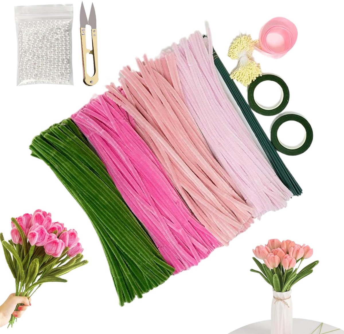 400 stuks, pijpenragers voor knutselwerk, chenilledraad, voor ambachtelijke geschenken en woondecoratie, knutselen en decoratie, roze, groen