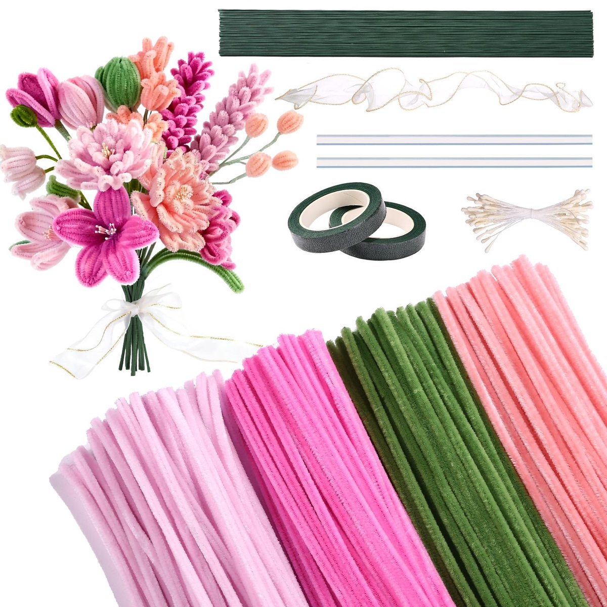 Pijpenreiniger, 200 x pijpenreinigers om te knutselen, bloemenset, 4 kleuren, pijpenreiniger met bloemendraad, doe-het-zelf boeket, roze tulp, knutselen, kerstcadeau, decoratie, bloem