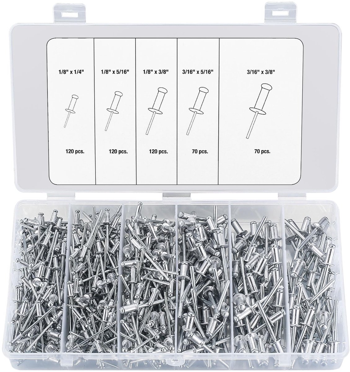 500 stuks assortimentskit voor popklinknagels, aluminium blindklinknagels, platte popklinknagels voor metaal, hout, kunststof (3,2 mm en 4,8 mm)