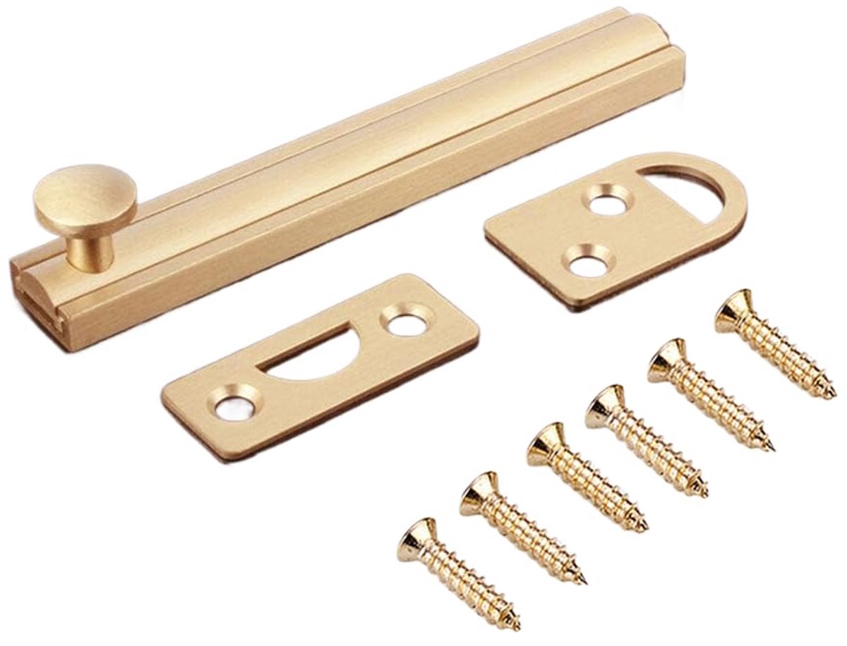 Grendeling, 1 ST Messing Deurbout Onroest Eenvoudige Vat Bout Lock voor Kamer, Venster Sloten, Toilet Gate en Schuurdeuren (102mmx15mm Geborsteld Goud)