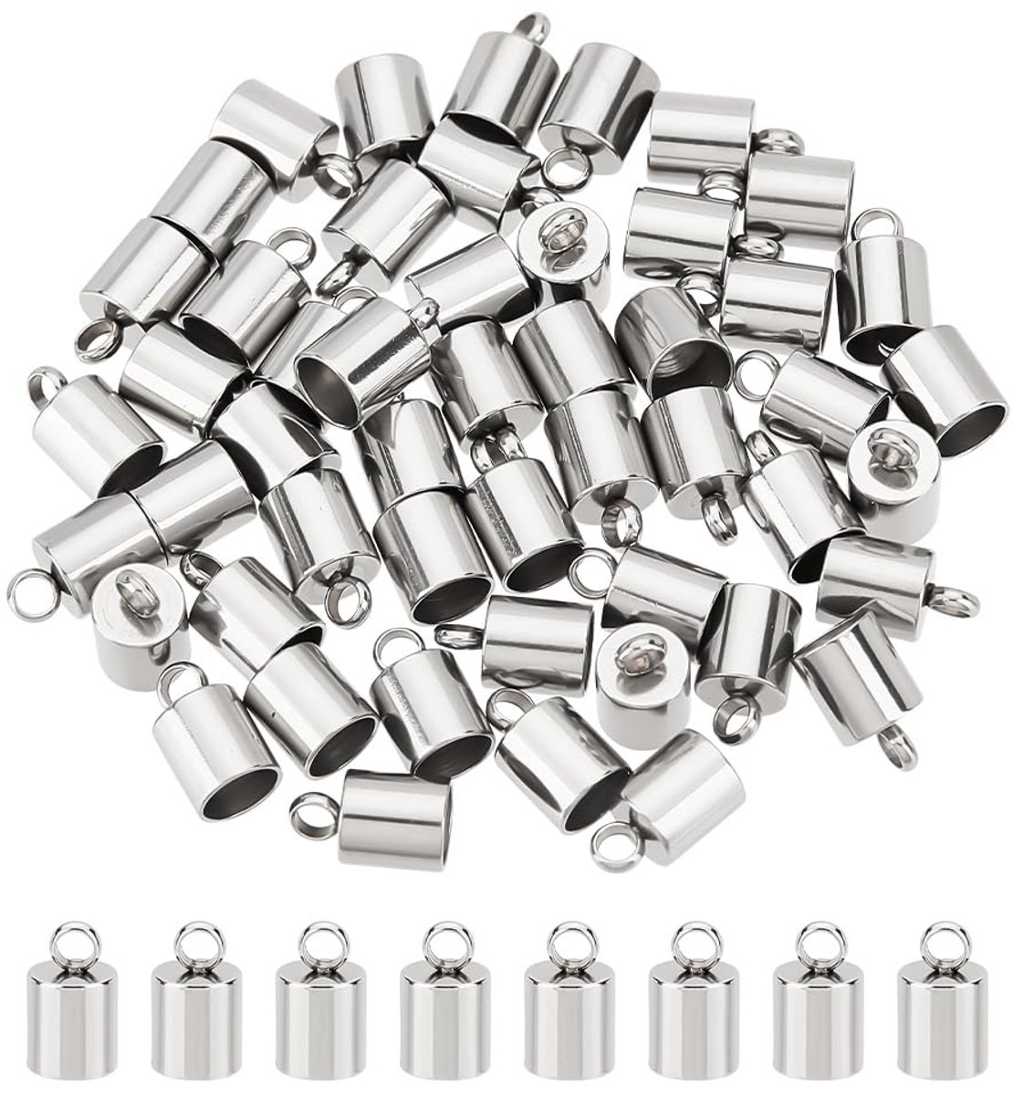 50 stuks kolombits van roestvrij staal, koorduiteinden, 5 mm, binnendiameter, gladde eindstukken, koord voor het maken van sieraden, kleur roestvrij staal