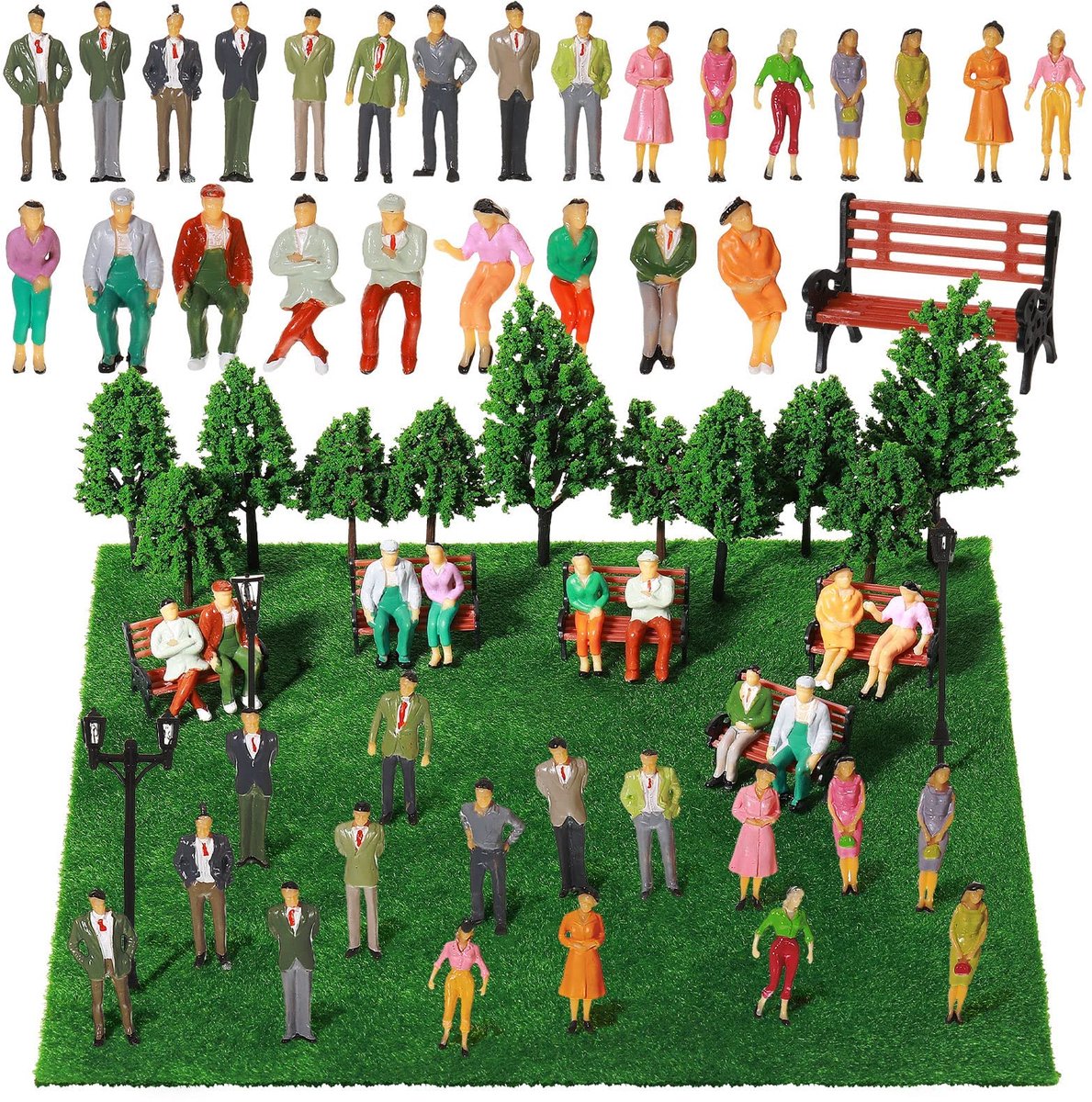 60 stuks miniatuurfiguren, verschillende zittende en staande figuren, voorbijgangers, beschilderd zittende en staande schaal 1:85