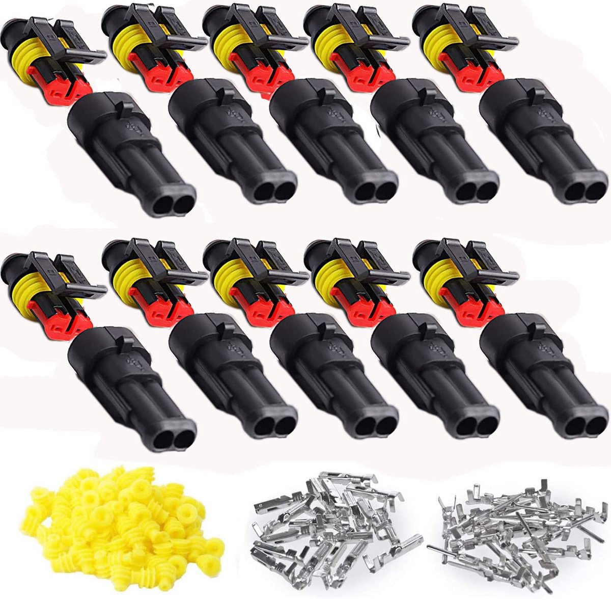 Set van 10 waterdichte snelkoppelingen, kabelconnectoren stekkers, voor auto's, vrachtwagens, auto's, kajakken, boten, scooters, motorfietsen, 2-polig x 10 stuks