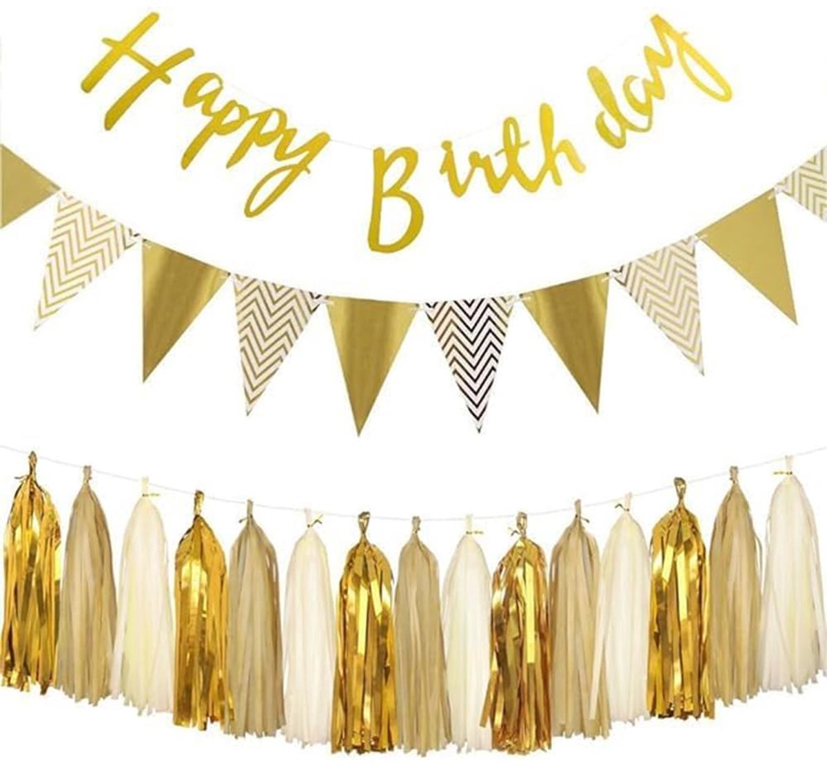 Happy Birthday-banner, verjaardagsdecoratieset, papieren slinger, driehoekige vlaggen met tissuepapier, mokken, slinger, verjaardagsdecoratie, kinderverjaardagsdecoratie