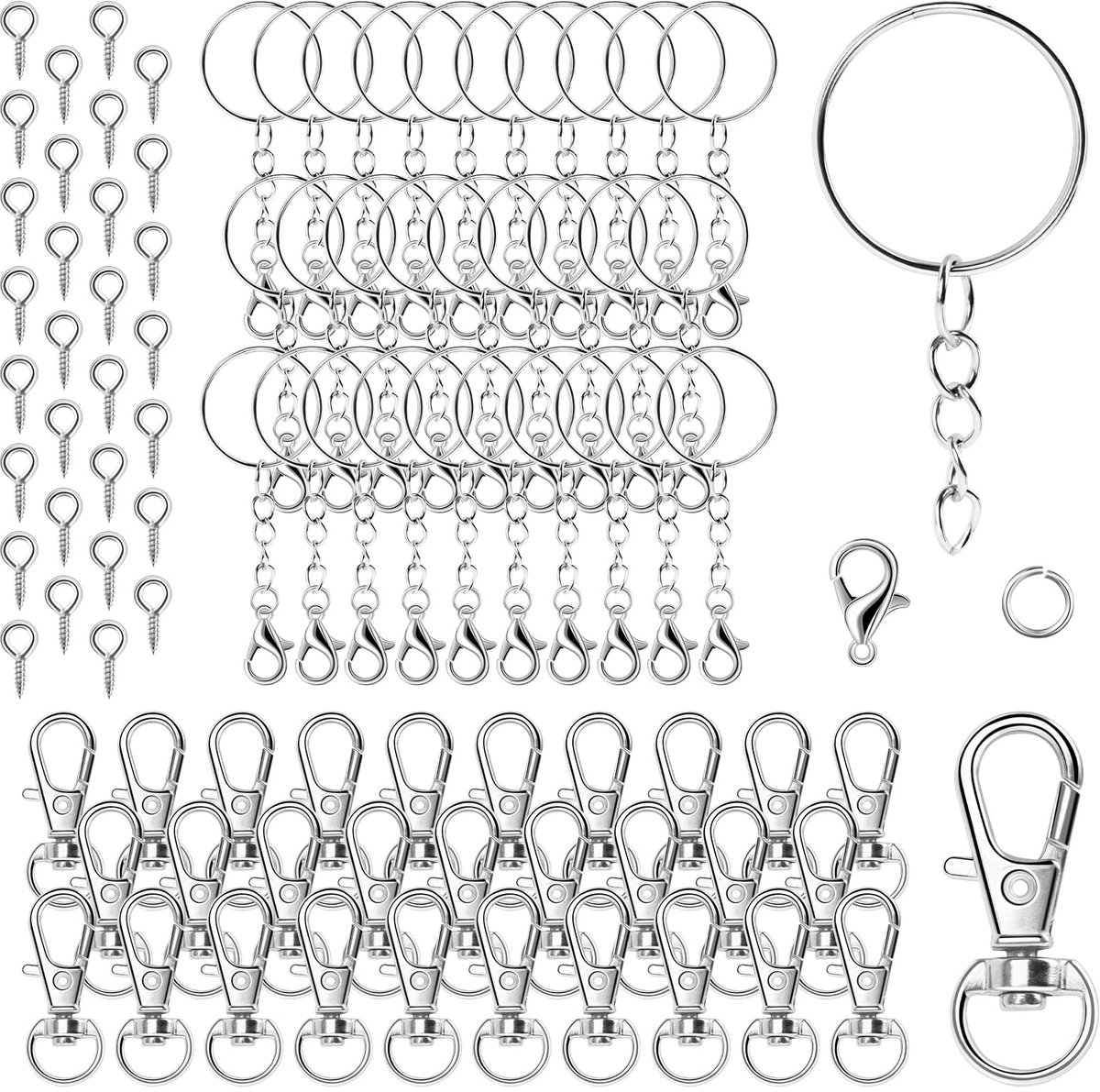 150 stuks karabijnvergrendelingen sleutelhangers set, 25 mm zilveren sleutelringen met ketting, karabijnhaken sleutelanhangers knutselbenodigdheden, zelf maken sleutelanhangers ringen voor DIY