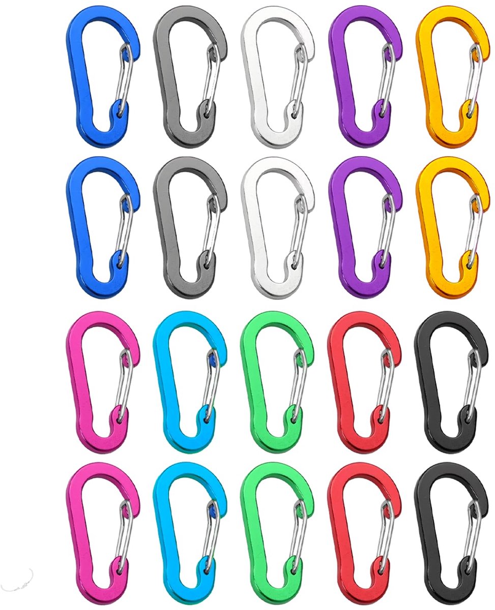 Karabijnhaken, 50 mm/1,96 inch, multifunctionele clips, karabijnhaak, aluminium sleutelhanger, D-vorm, meerkleurig, voor vissen, sleutels, camping, dagelijks leven, sport, wandelen, 20 stuks