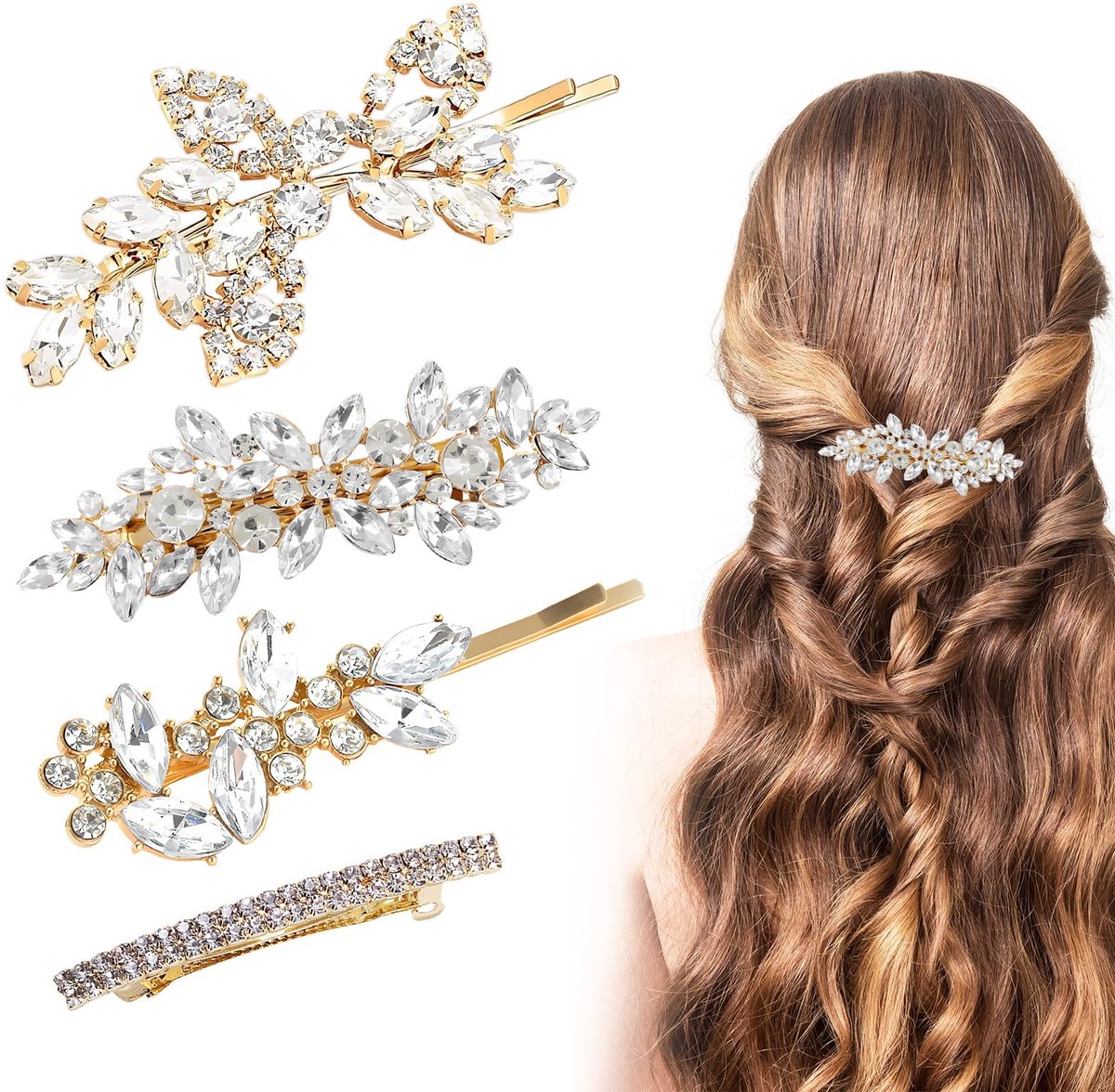 4 stuks gouden haaraccessoires met strass, glanzende clips voor de bruid, haaraccessoires voor bruiloften voor vrouwen, haarspelddecoraties met kristal voor bruiloften, benodigdheden voor ceremonies