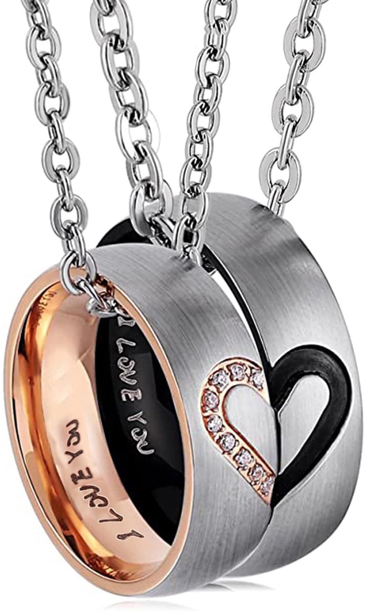 Halsketting Voor Koppels, 2 Ringen, Voor Heren, Zwart, Dames, I Love You,Roségoud, Roestvrij Staal, Hart, Eeuwige Liefde, Klassiek, Metalen Cadeau Voor Valentijnsdag