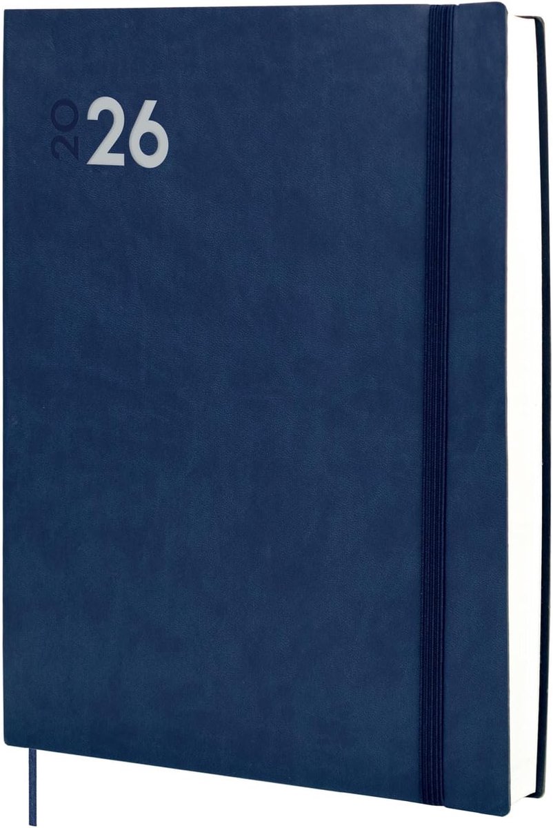 - Kalender 2026, 1 dag per pagina, januari - december (12 maanden), jaarplanner 2026, met elastiek en puntband, zachte mara-omslag, blauw, Spaans