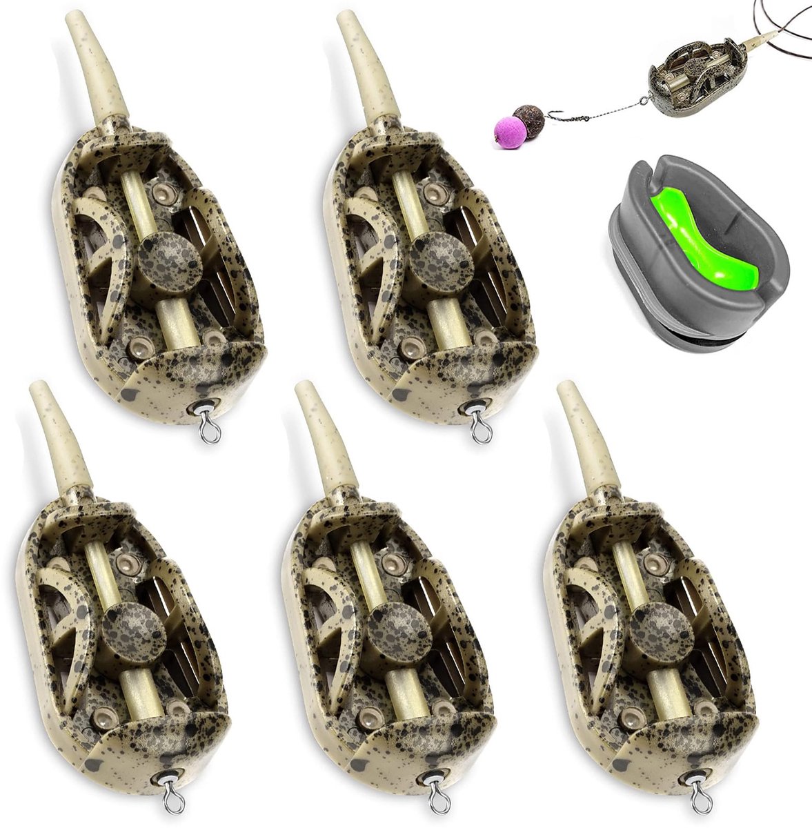 Voederapparaat voor karpers, 5 stuks, voedermand, feeder, methode, gereedschapsset met snelwisselvorm, voor pellets bait met mark, 20 g, 30 g, 40 g, 50 g, 60 g