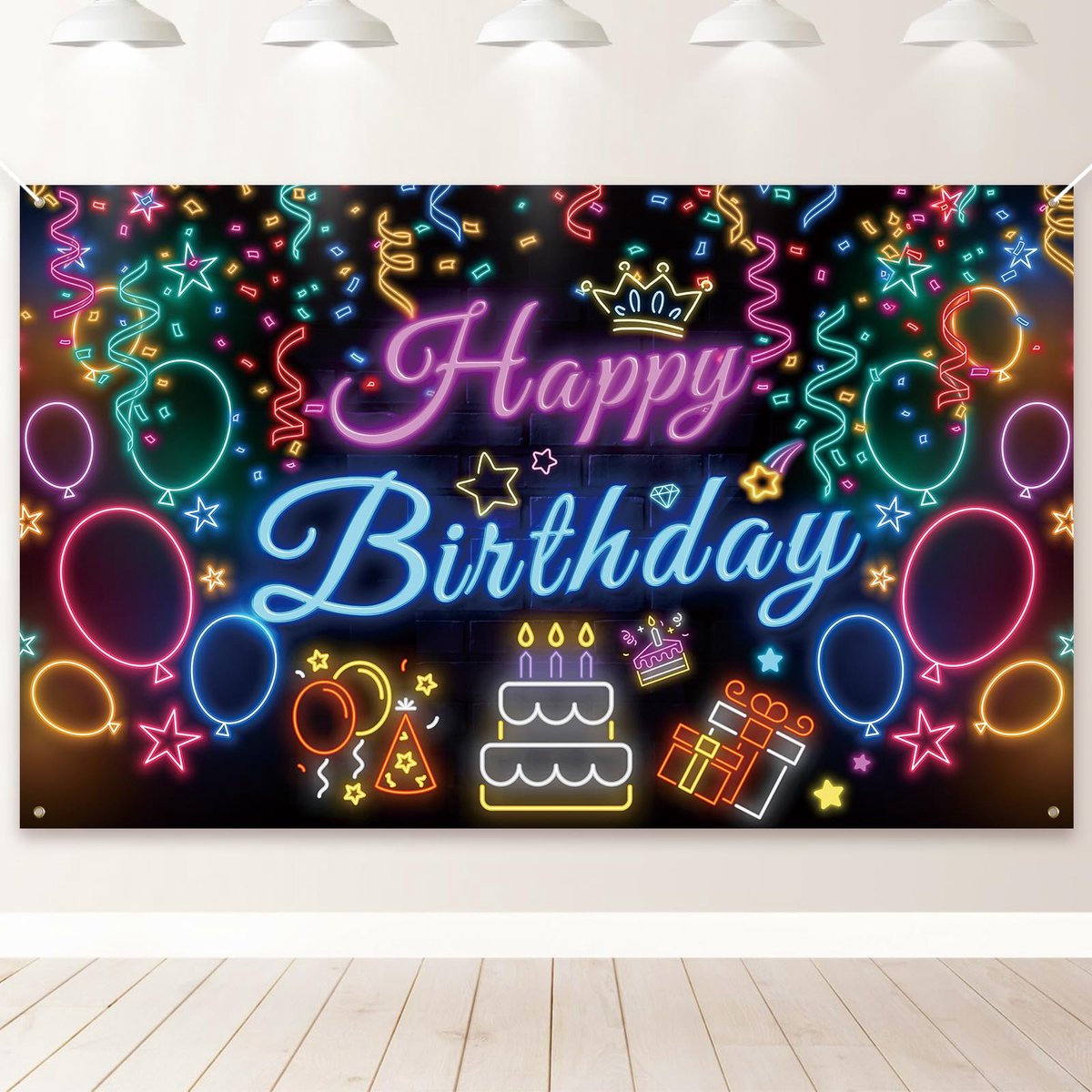 decoraties, kinderen gelukkige verjaardag achtergrond banner, extra grote party foto cabine achtergrond decor teken poster voor meisjes jongens (zwart neon)