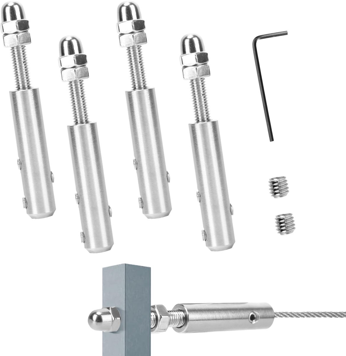 4 stuks roestvrijstalen kabelspanners voor roestvrijstalen kabels, 5 mm, geleverd met een L-vormige sleutel en twee reserveschroeven, voor installaties van hekken of leuningen