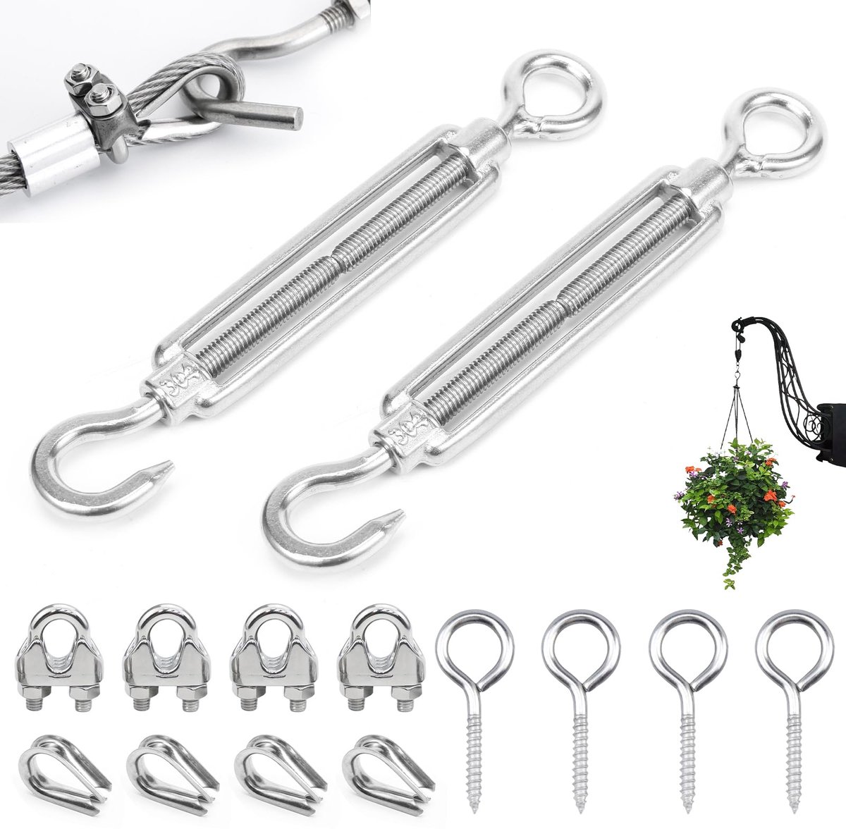 roestvrij staal M6, 2 stuks draadspanners spanschroef met haak oog 4 stuks kabelklemmen 4 stuks oogschroeven voor touw zonnezeil kabelsysteem tuindraad hekspanner