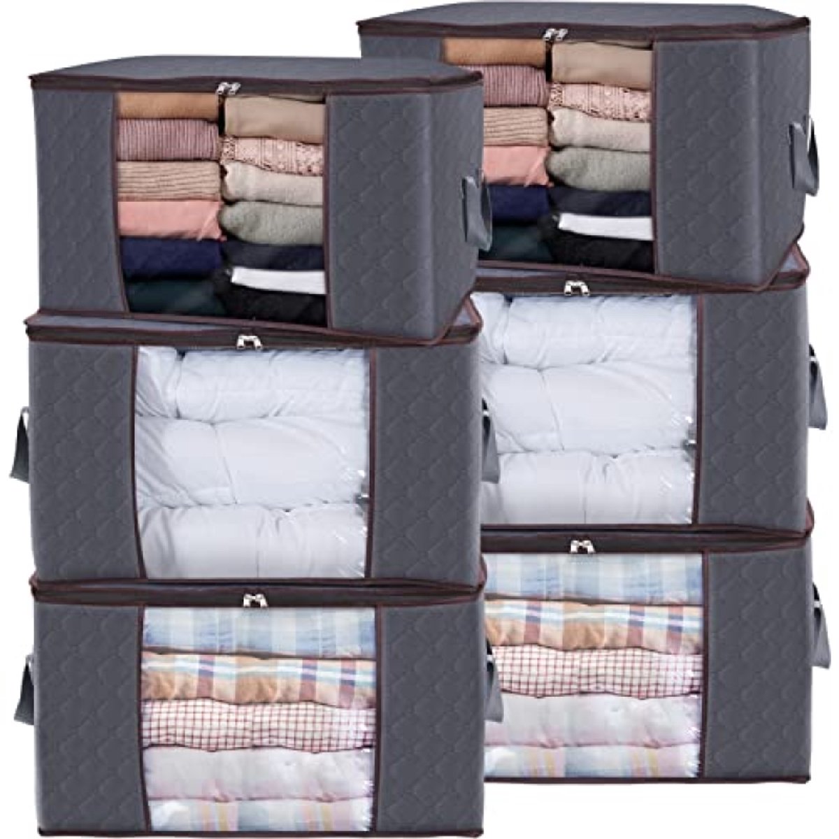 Huis Geluk 6 stuks 90L Opbergtas met Deksel - Grote Kledingopbergdoos - Opvouwbare Verhuisdozen voor Dekbedden, Dekens, Kleding, Onderbed, Kleerkast - Grijs