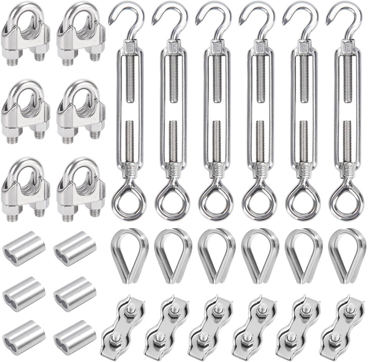 30 stuks spanschroefset met M6 kabelspanners roestvrij staal, draadkabelklem 3 mm, duplex kabelklemmen 3 mm, draadkabel kousen 3 mm en krimphulzen 3 mm