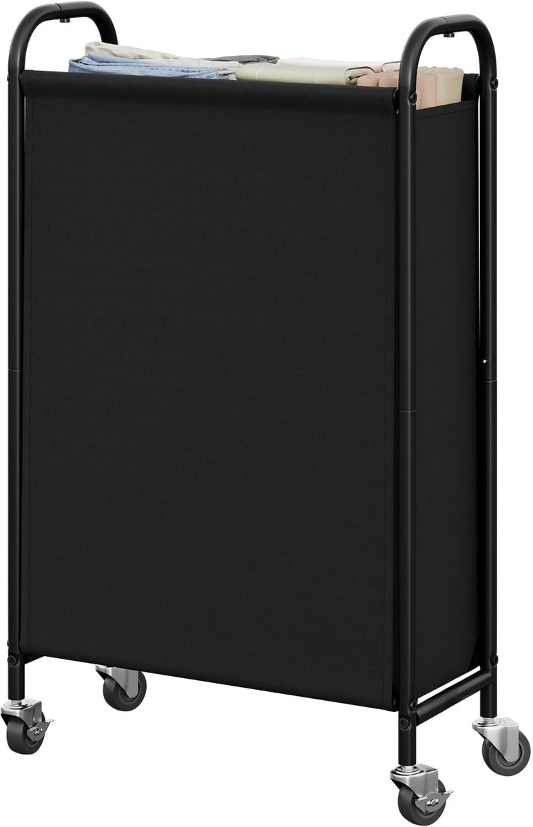SAYS 80L slanke wasmand met wielen, stoffen rollende wasmand, smalle kledingorganizer, hoge mand voor kast, wasruimte, badkamer, zwart