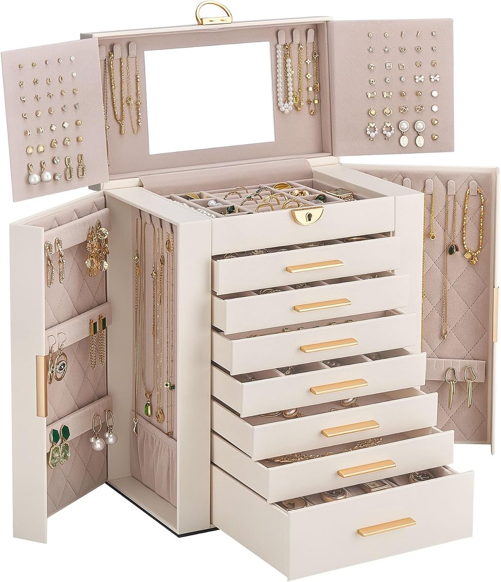 SnelShoppen - Grote Lolalet Sieradendoos met 8 Niveaus en Beige Spiegel - Organiseer Juwelen, Horloges en Accessoires - Perfect voor Thuis, Feest of C