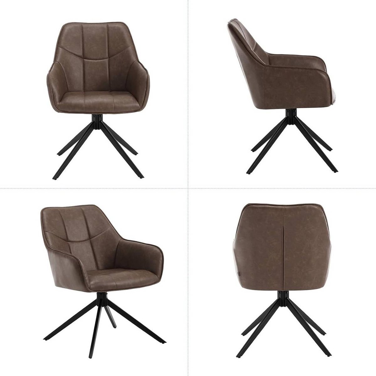 SureDeal® - Draaibare - Eetkamerstoel - Gestoffeerde stoel - Armleuningen - Vintage kunstleer - Metalen poten - 58x63,5x86 cm - Bruin