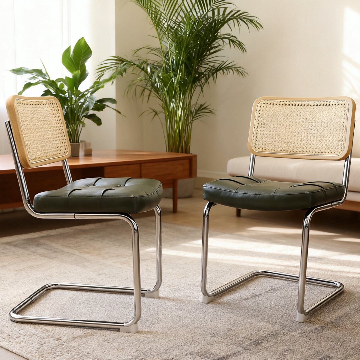 MEUNIQ set van 2 eetkamerstoelen met verchroomd metalen sledeframe, rotan rugleuning en kunstleren zitting, stapelbaar, 56,9 x 50 x 85,9 cm, groen Green