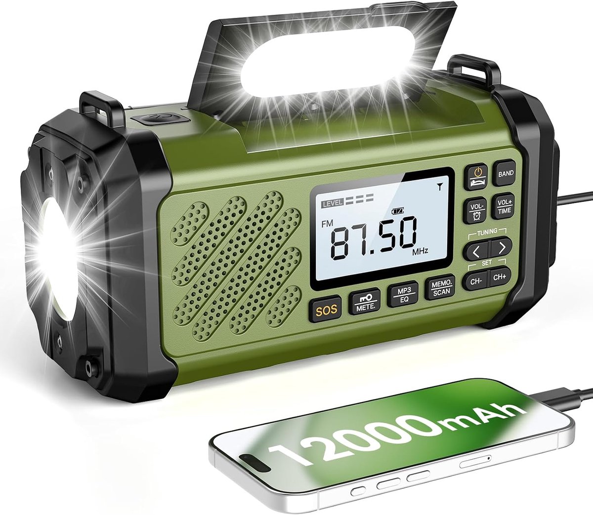 SnelShoppen - Vikeri Zwengelradio 12000 mAh - Noodradio met Zwengel en Zonne-energie, AM/FM/SW Ontvangst, LED Campinglicht, SOS-alarm, Kompas, USB-C O