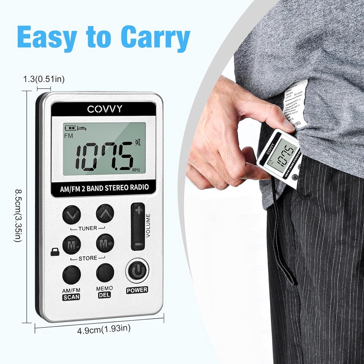 SnelShoppen - AM/FM Draagbare Radio - Mini Pocket Radio met 500mAh Oplaadbare Batterij en Hoofdtelefoon - Lichtgewicht Compact Design - Perfect voor C