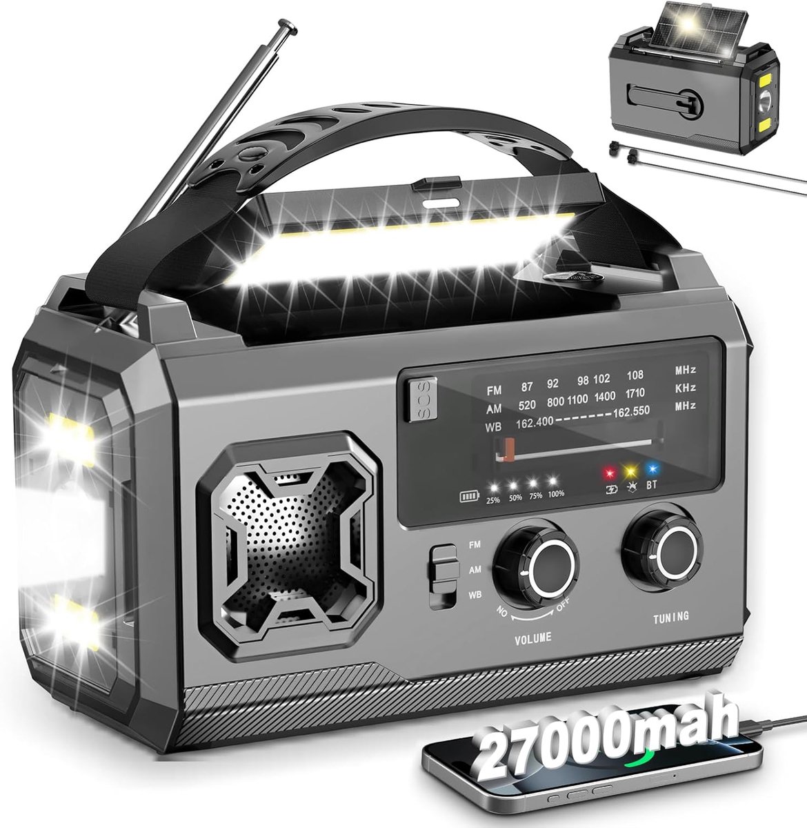SnelShoppen - 27000mAh Solar Noodradio met Handmatige Oplaadfunctie - FM/AM Batterij Gestuurde Radio voor Rampen, Kamperen en Stroomuitval - Waterdich