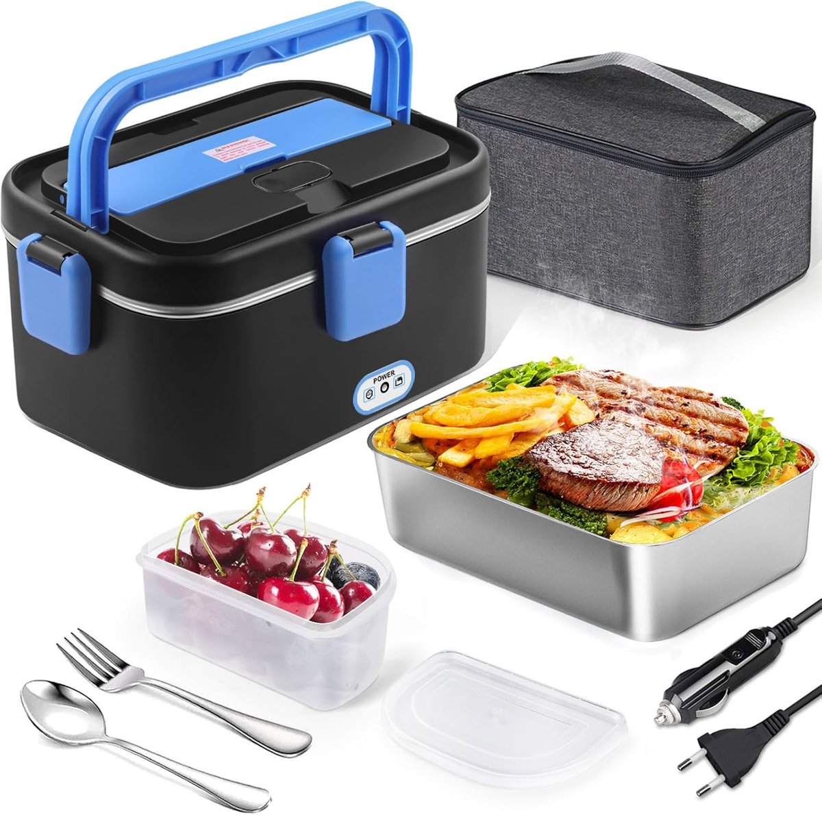 SnelShoppen - Elektrische Lunch Box 1.8L 12V 24V 220V - Grote Verwarmbare Lunchbox met RVS Bestek en Tas - Perfect voor Kantoor, Auto, Vrachtwagen (Zw