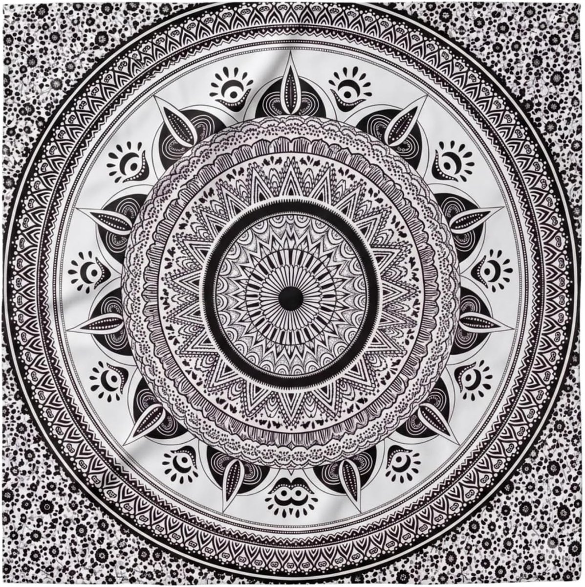 SnelShoppen - XL Strandlaken 210 x 240 cm - Mandala India - Katoen - Lichtgewicht - Compact - Zandproof - Picknickdeken - Zwart zonder Fringe