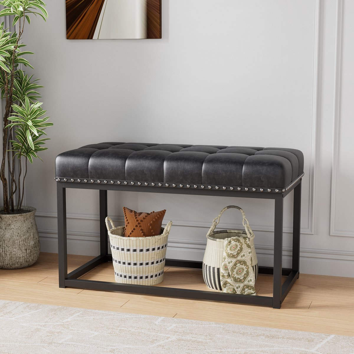 FloraGrace Hocker 90 x 46 x 52 cm - Vintage Gestoffeerde Bank Met Geknoopte Zitting - Voor Hal, Slaapkamer Of Woonkamer - Kunstleer En Metaal - Zwart