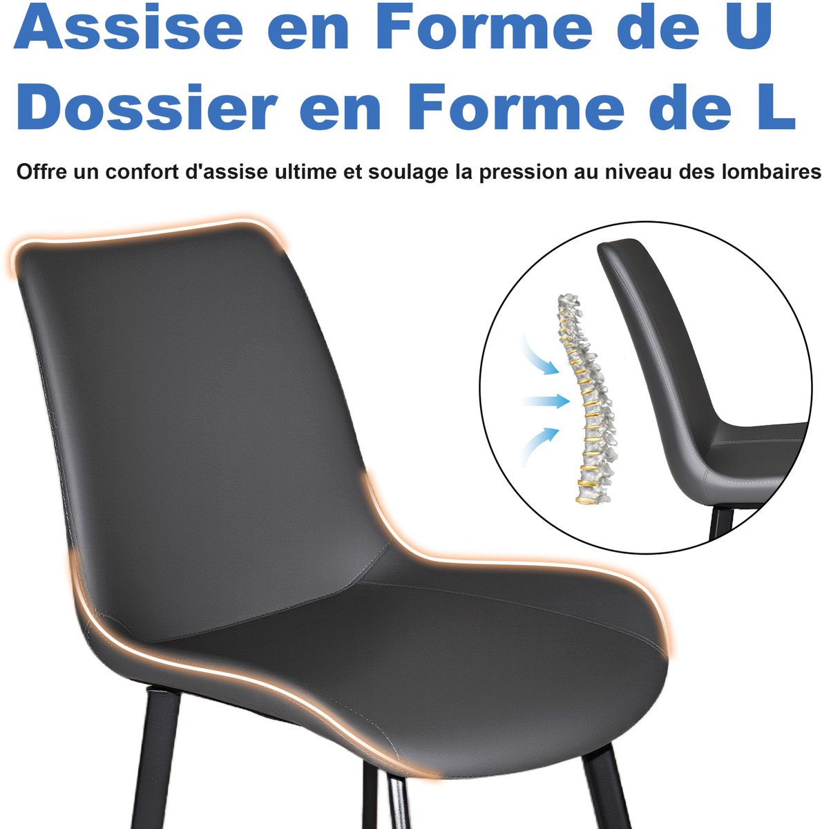 MEUNIQ Eetkamerstoelen set van 4, grijze kunstleren eetkamerstoel met ergonomische rugleuning, gevoerde zitting en metalen poten, 41 x 44 x 84 cm Zwart