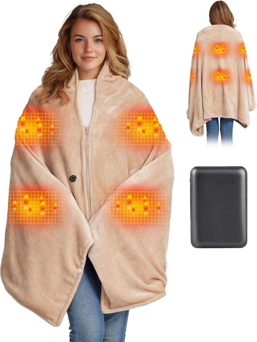 SnelShoppen - Draadloze Elektrische Dekens met 10.000 mAh Accu, 160x90 cm, Katoenen Flanellen Warmtedeken, Draagbare Dekens voor Thuis, Kantoor, Campi