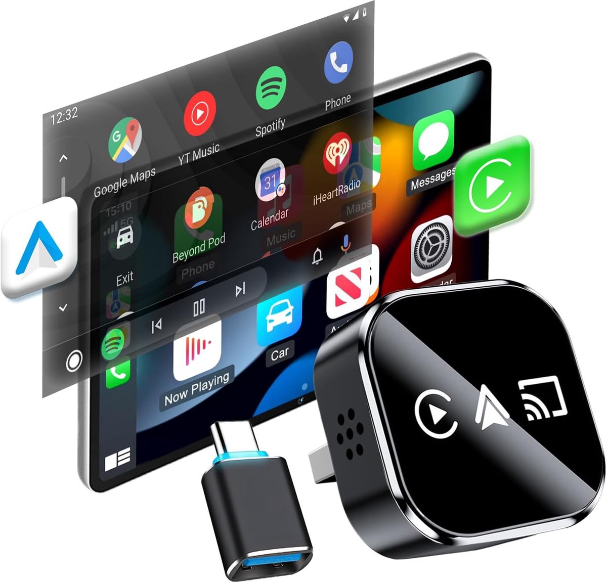SnelShoppen - 3-in-1 Mirror Link Projectie Adapter voor Auto - CarPlay & Android Auto Draadloos - Type-C/USB voor iOS 11+ en Android 11+ - Compatibel