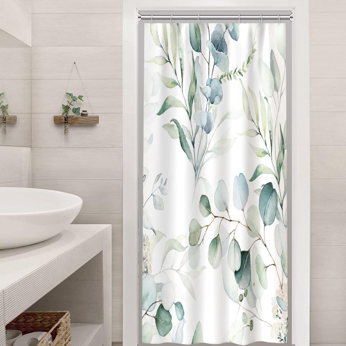 SnelShoppen - Eucalyptus Groene Douchegordijn met Watercolour Bloemen en Bladeren, Anti-Mould Waterproof Polyester, Maat 90 x 180 cm, Inclusief 6 Haak