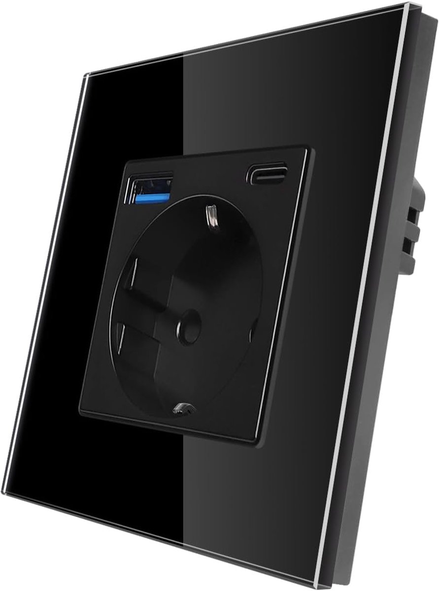 SnelShoppen - Schuko Wandcontactdoos met USB A en Type C, Enkel Inbouw, 16Amp Glas Socket, Zwart, Ideaal voor Huishoudelijke Apparaten