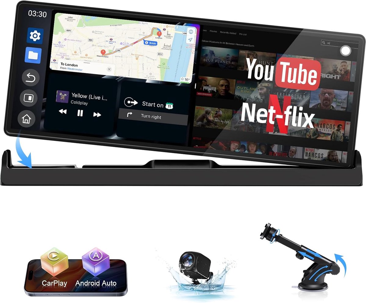 SnelShoppen - 4-in-1 Carplay Android Auto Scherm 10.26 inch met YouTube/Netflix/TikTok, Plug-and-Play Car Radio met Achteruitrijcamera, Dual-band WLAN