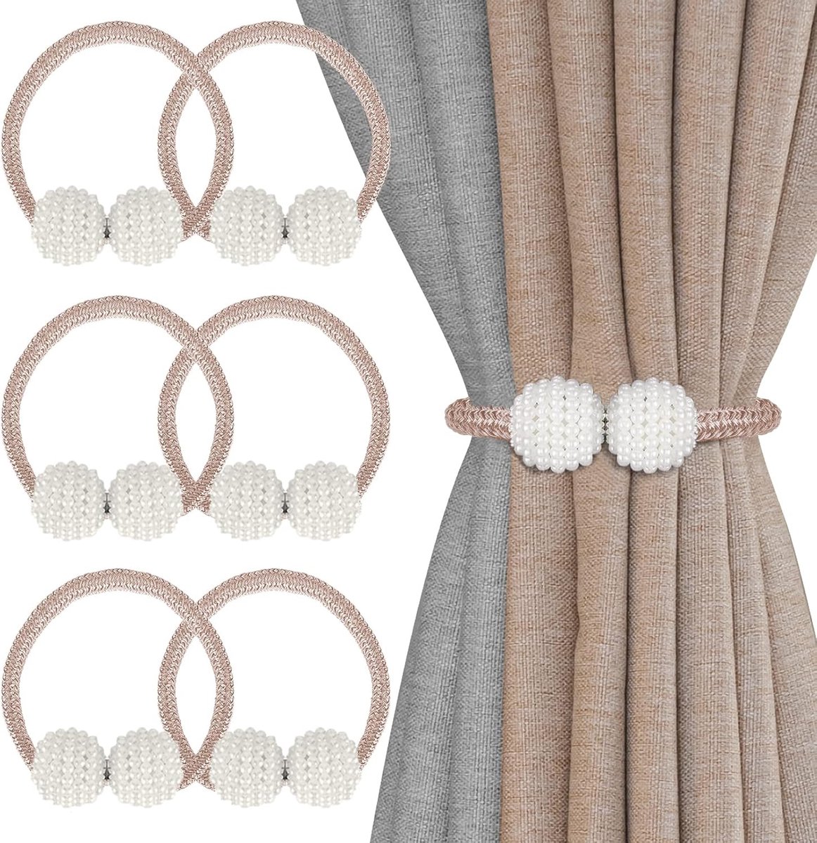 SnelShoppen - 6 Pcs Magnetische Parels Gordijnhouders Rope Voor Douchegordijn Thuis Kantoor Hotel Decoratie Champagne Kleur - Eenvoudig in Gebruik, Ge