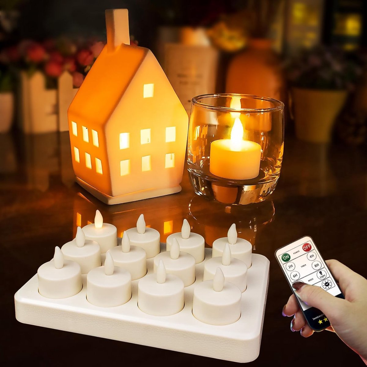 SnelShoppen - 12 Oplaadbare LED Theelichten met Afstandsbediening en Timer, 18-95 Uur Brandduur, Vlam Effect en Continu Licht, Warm Geel Licht voor Ke