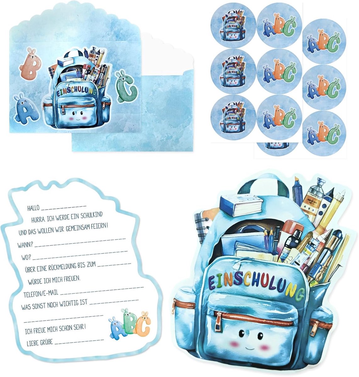 SnelShoppen - 12 Eerste Schooldag Uitnodigingen voor Jongens + Enveloppen + Stickers - Schattig Schooltas Ontwerp - Perfect voor Feestjes en Verjaarda