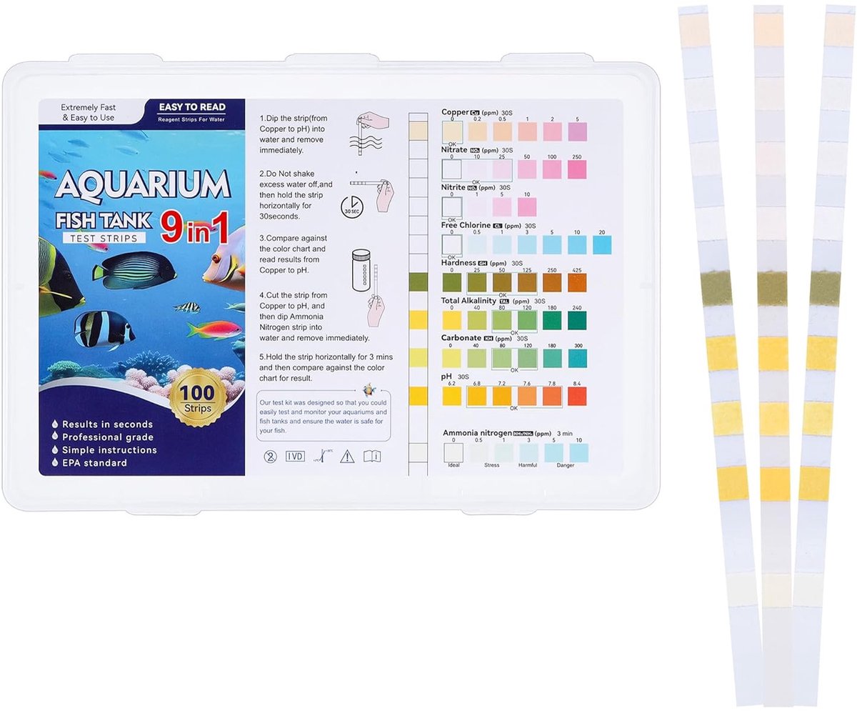 SnelShoppen - 100 PCS 9-in-1 Aquarium Test Strips, Water Test Kit voor Ammonia, Nitraat, Nitriet, pH, Chloor, Hardheid en Alkaliteit, Ideaal voor Viss