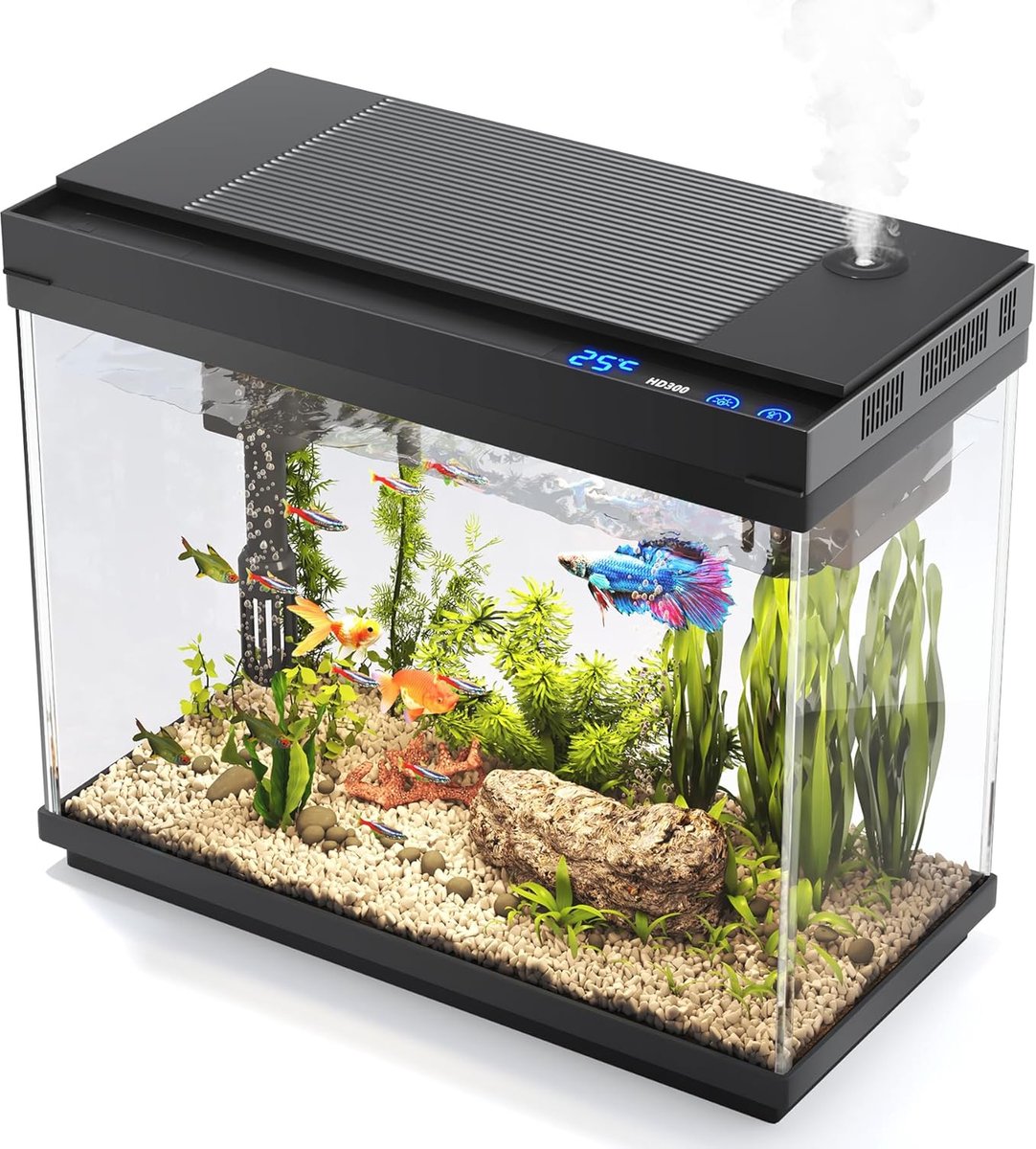 Thijox - 9L Vis Aquarium met Slimme Luchtbevochtiger, Temperatuurweergave, UHD-Glas, 7-Kleuren Verlichting en 3-in-1 Stille Pomp voor Thuis, Kinderen,
