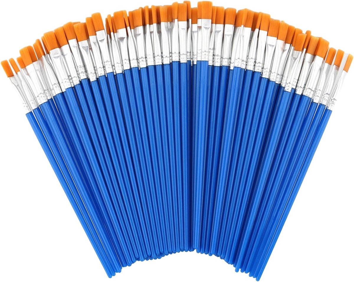 SnelShoppen - 100 Stuks Kleine Verfkwasten, Platte Kwasten 10 mm Breed, Kunstenaarskwasten Set met Plastic Handvat voor Beginners, Schilders en Graffi