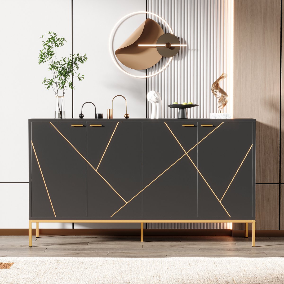 Wishdor - Dressoir - Vier deuren - Verstelbare plank en metalen poten - Design - Woonkamer of eetkamer - Houtlook en metaal - Zwart met goud - 150 x 40 x 80 cm