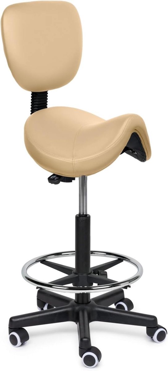 SnelShoppen - Premium Zadelkruk met Rugleuning - Ergonomische Kapperskruk Beige - In Hoogte Verstelbaar (40-57cm) - Kunstlederen Zadelstoel met Voetst
