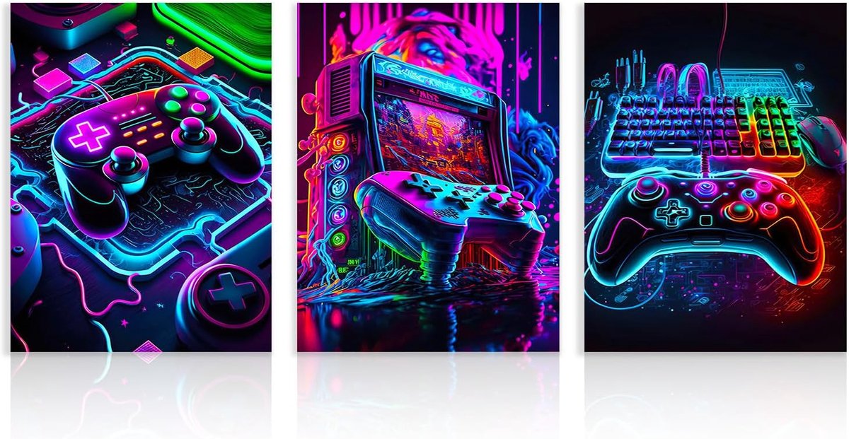 SnelShoppen - Neon Gaming Wall Art 3Pcs - Controller Gamepad Posters 30x40cm - Unframed Canvas Decor voor Jongens Kamer, Game Room, Studentenkamer