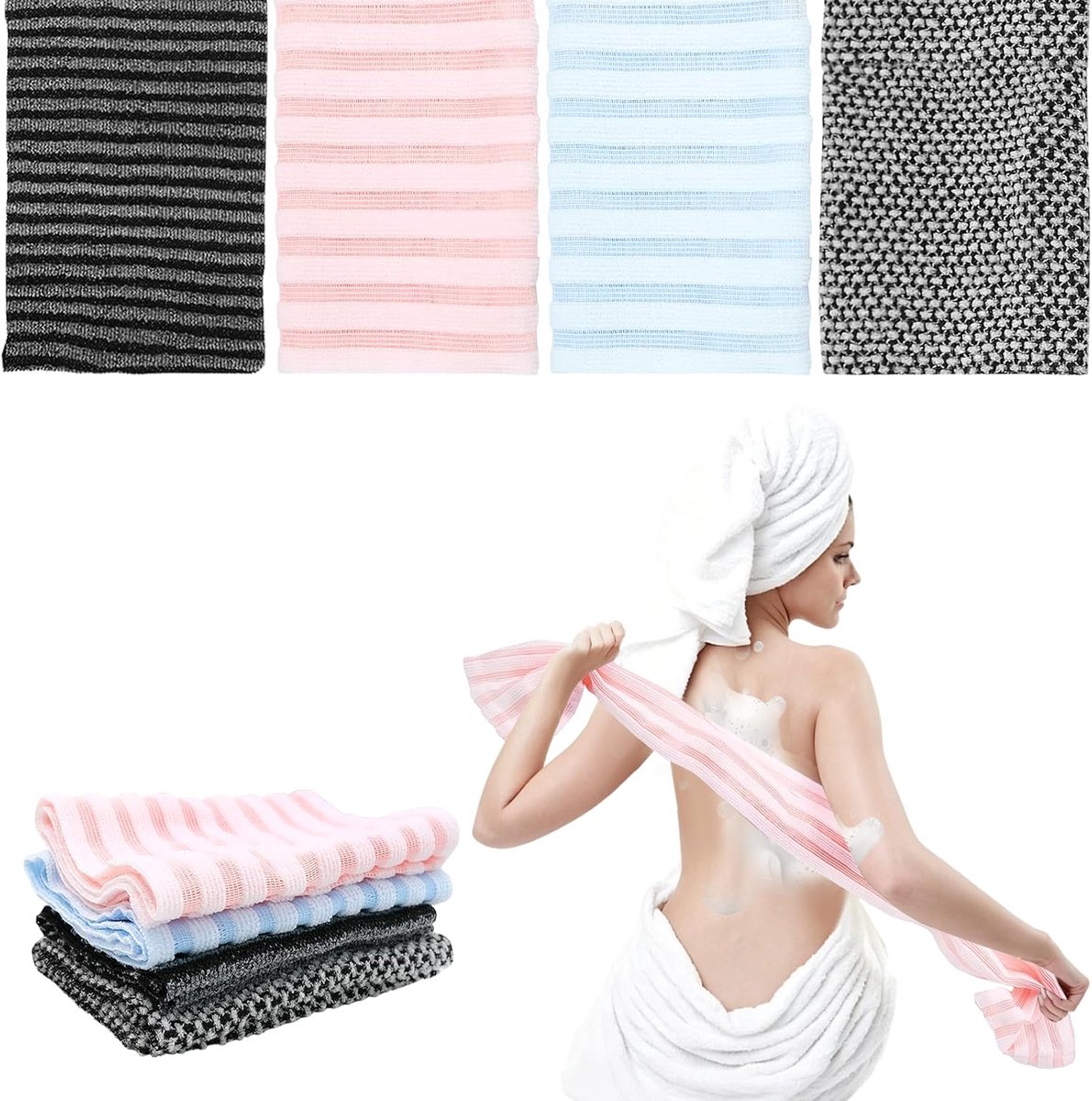 SnelShoppen - Japanse Exfoliërende Douchehanddoek 4-Pack - Antibacterieel Nylon Gaas Washandje - Peeling Rugscrubber voor Dode Huid - Bodyscrubber voo